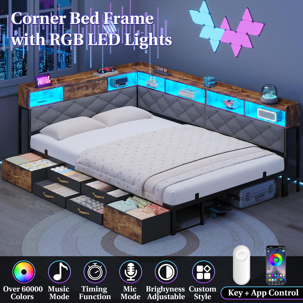 Corner Bed Frame with 7 Drawers, LED Lights, Rustic Brown
