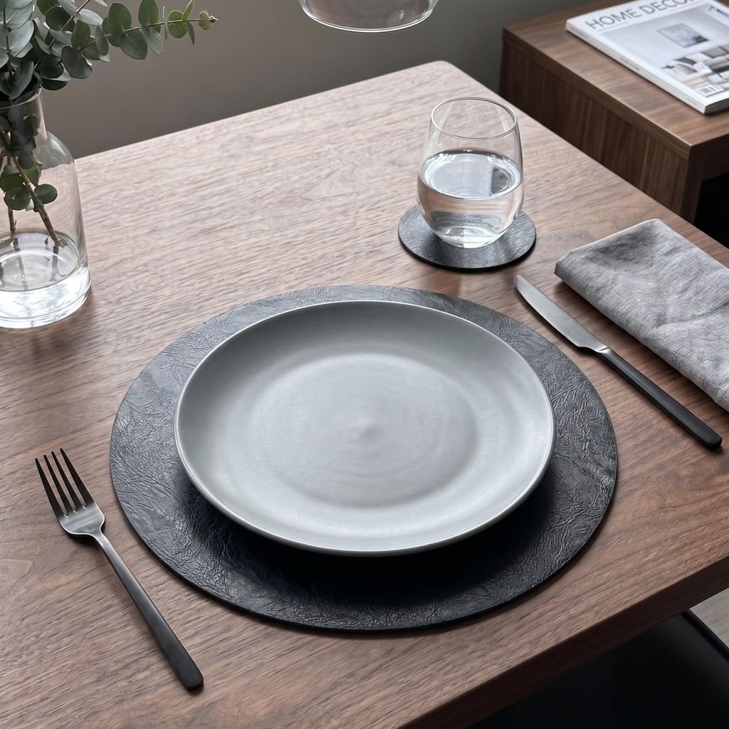 Set of 8 Faux Leather Round Placemats and Coasters, 13''and 3.9'', Black