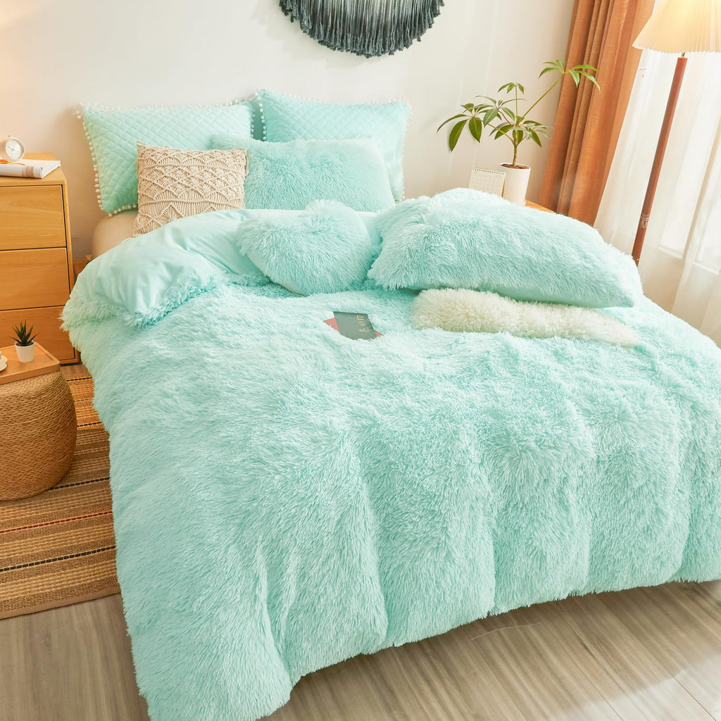 Plush Fluffy Aqua Comforter Cover Set - Faux Fur Plush Aqua Bedding 2-Piece Set (1 Furry Duvet Cover + 1 Shaggy