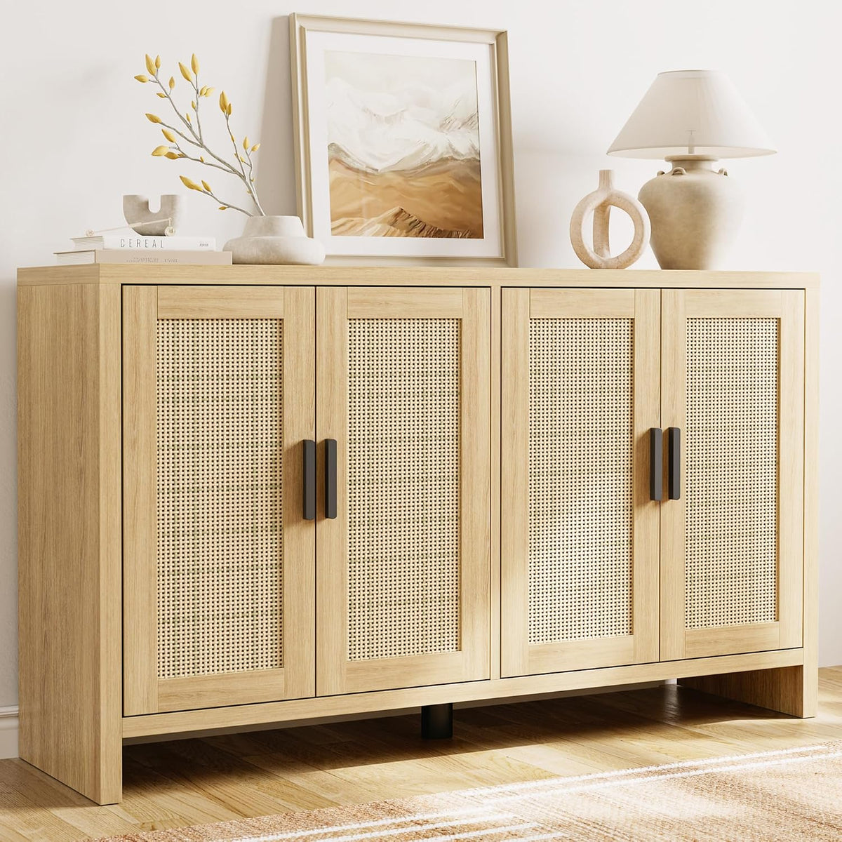 Rattan Buffet Cabinet with Storage, Sideboard with Doors, Console Table, Farmhouse Coffee Bar, Modern Wood Long