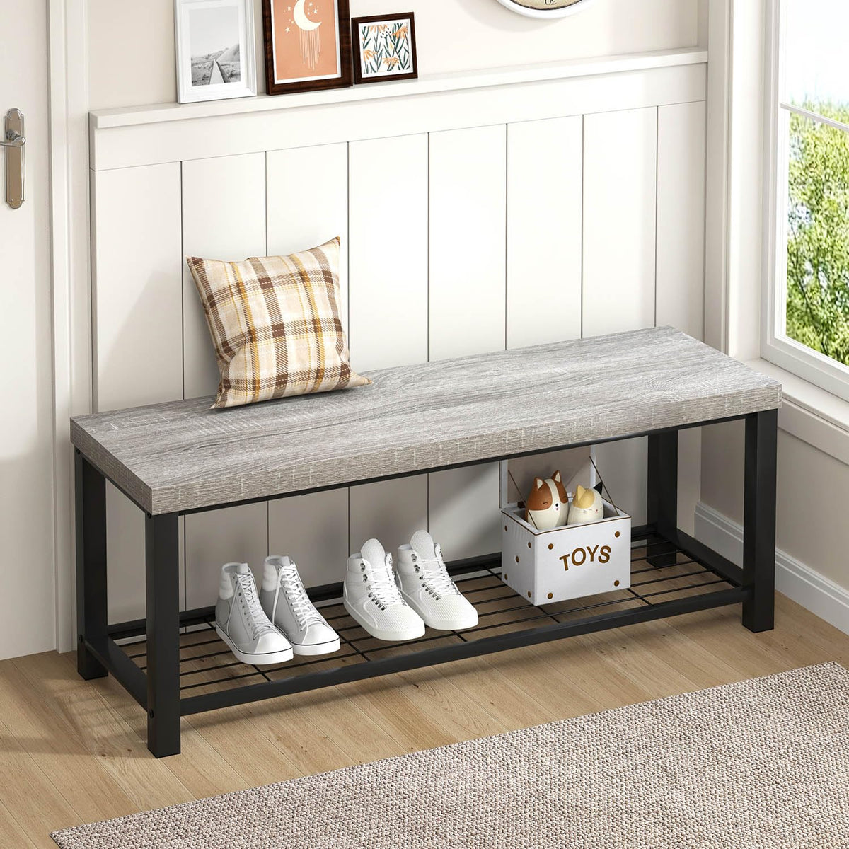 Entryway Bench, Rustic Wood and Metal Shoe Storage Bench Front Door Entrance, Industrial Indoor Bench Living Room