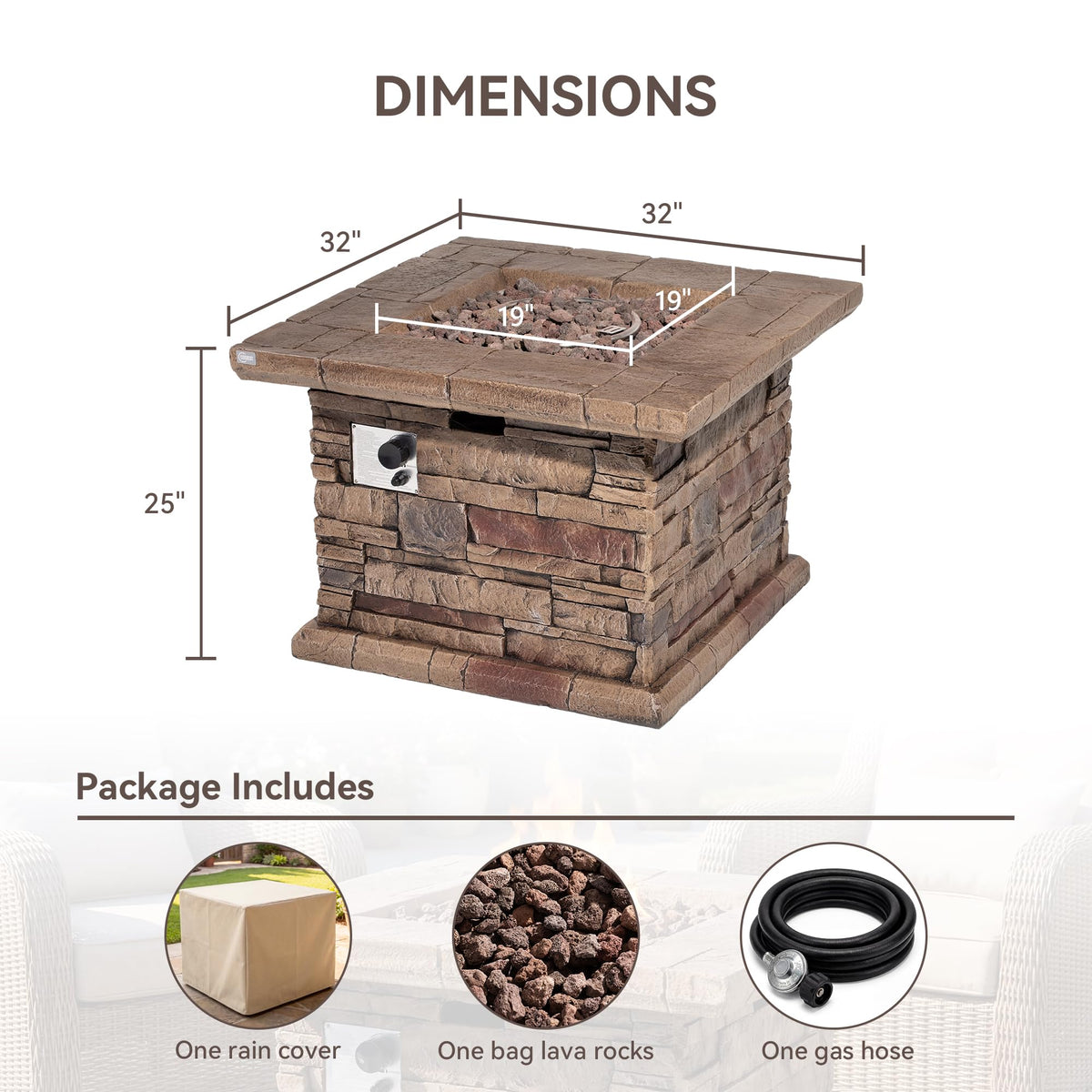Outdoor Fire Pit Table w Faux Brown Ledgestone 32-inch Square Fire Table, Certified, 50, 000 BTU Stainless Steel