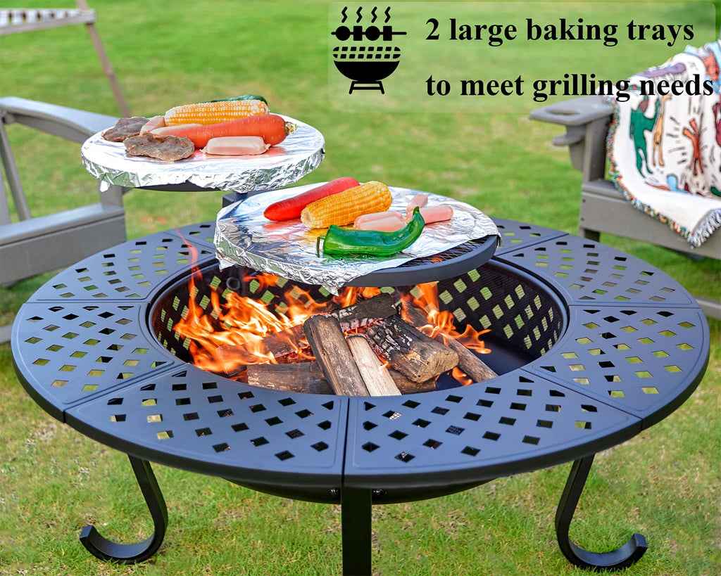 43" Outdoor Fire Pit with 2 Grill, Wood Burning Firepit for Outside with Lid & Fire Poker, Round Metal Table Backyard