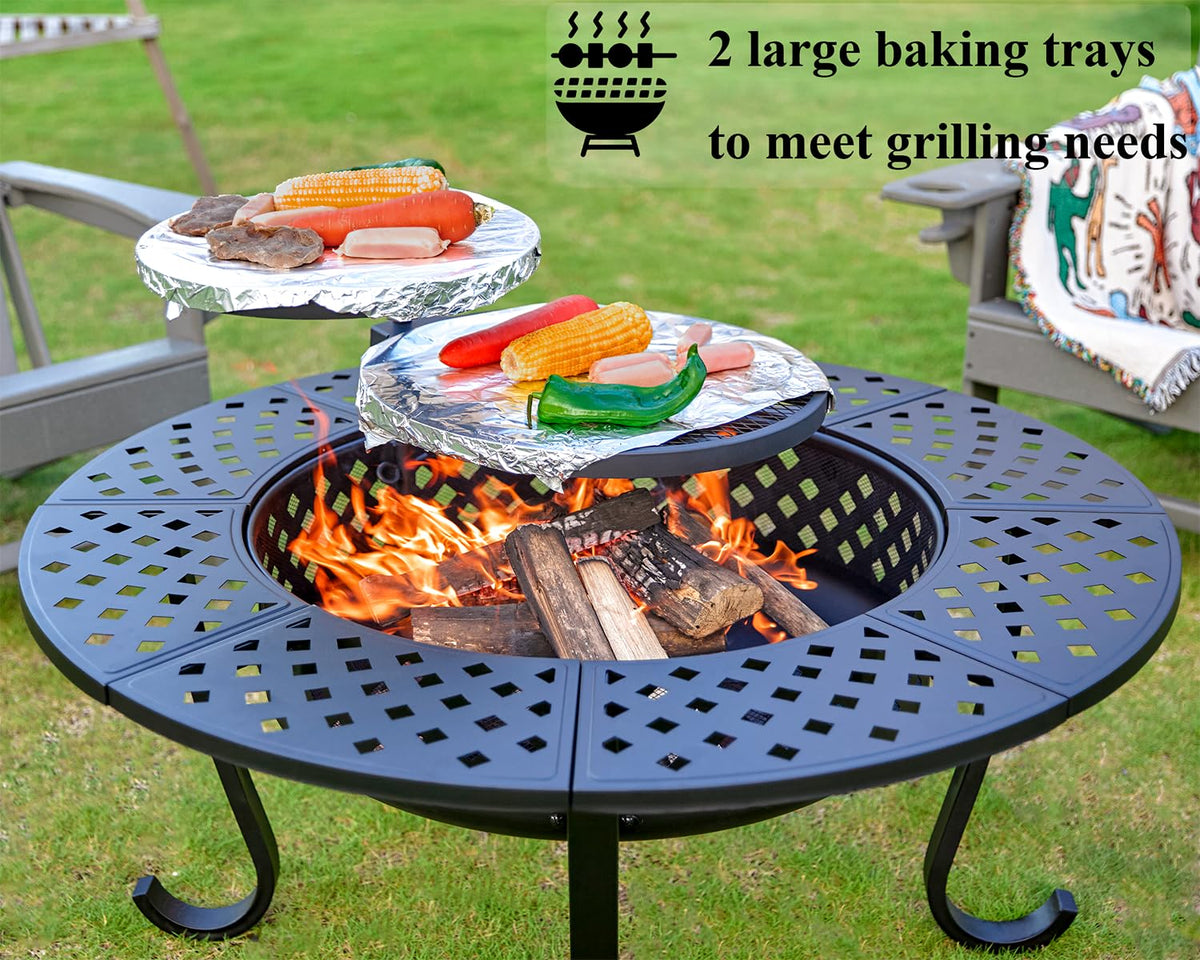 43" Outdoor Fire Pit with 2 Grill, Wood Burning Firepit for Outside with Lid & Fire Poker, Round Metal Table Backyard