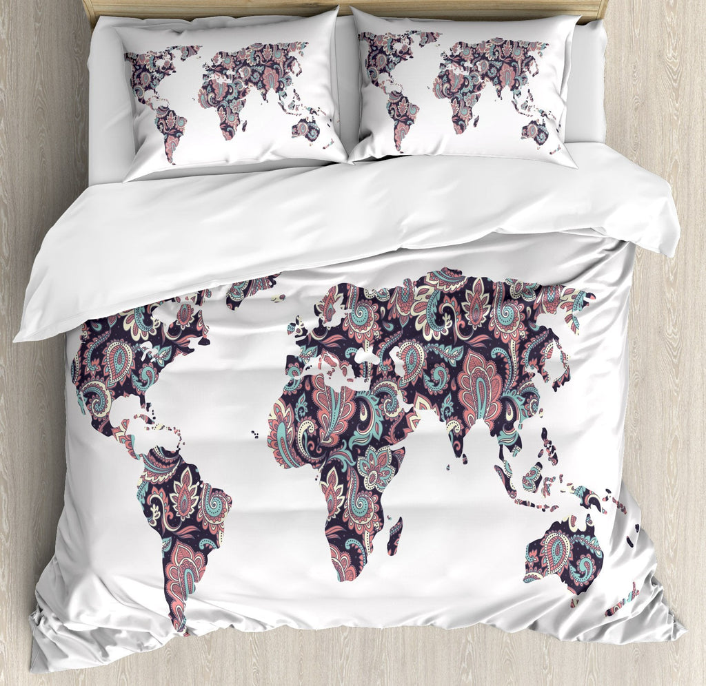 Floral World Map Duvet Cover Set, Paisley Leaves Ornamental Eastern Style Old Fashioned Design, Decorative 3 Piece