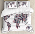 Floral World Map Duvet Cover Set, Paisley Leaves Ornamental Eastern Style Old Fashioned Design, Decorative 3 Piece