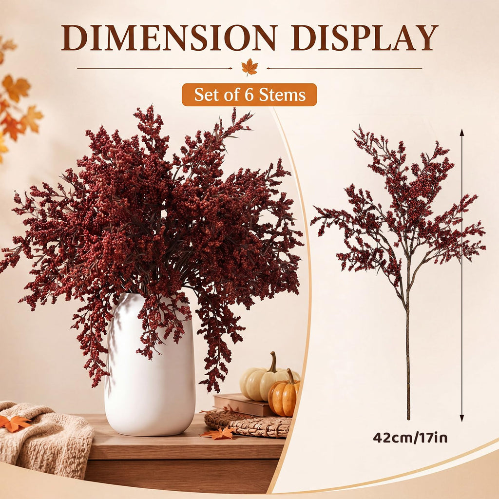 6 Pack Artificial Fall Stems with Leaves, Neutral Picks, Burgundy Berries Stem