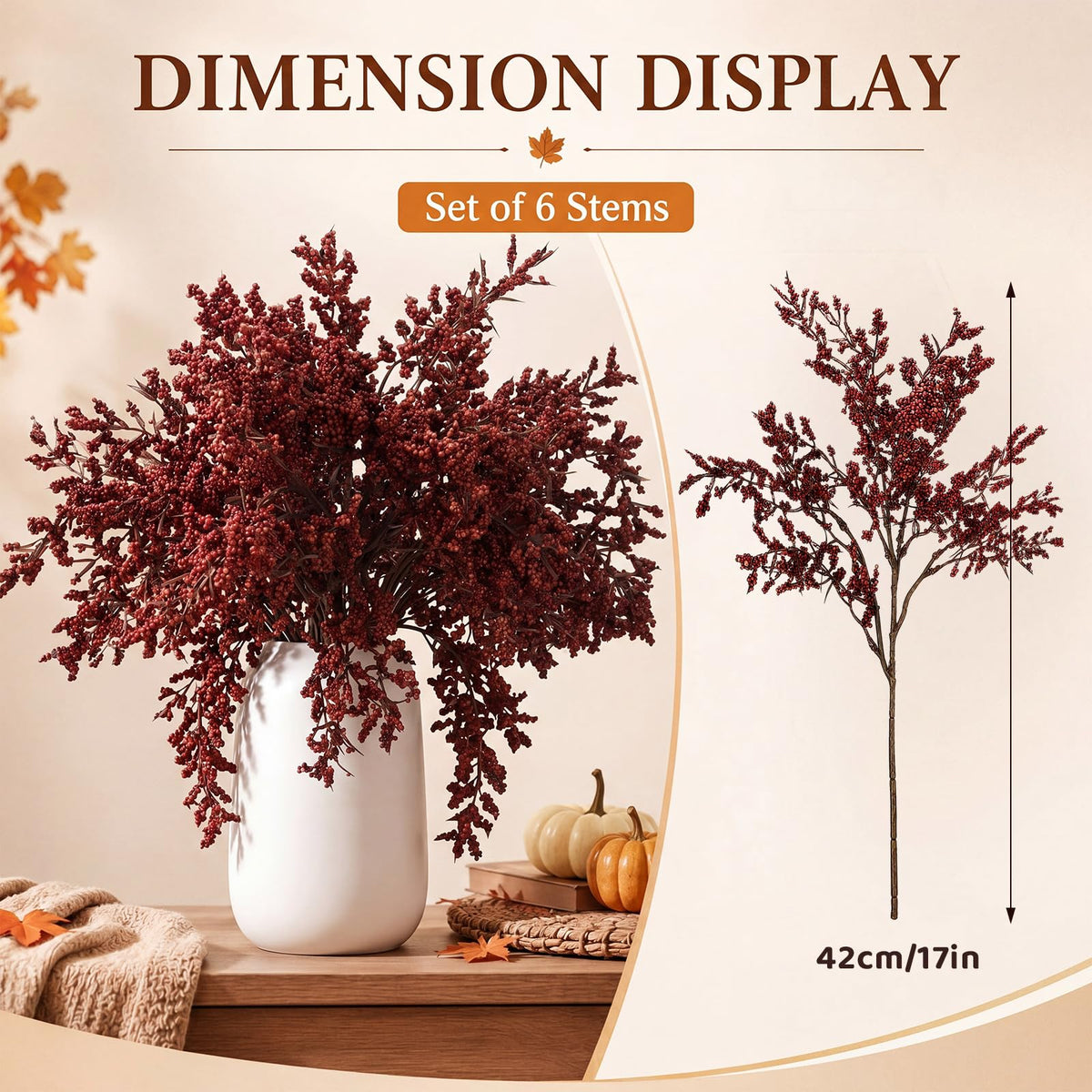 6 Pack Artificial Fall Stems with Leaves, Neutral Picks, Burgundy Berries Stem
