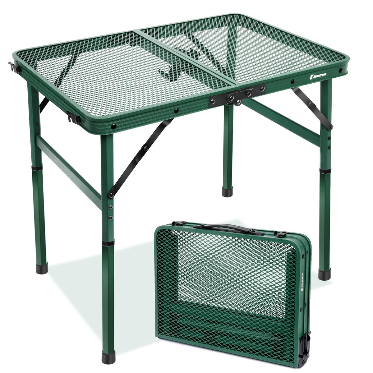 Small 2ft Folding Table with Carry Handle, Adjustable Height 10.6" or 22", Green Metal Mesh, Portable & Compact