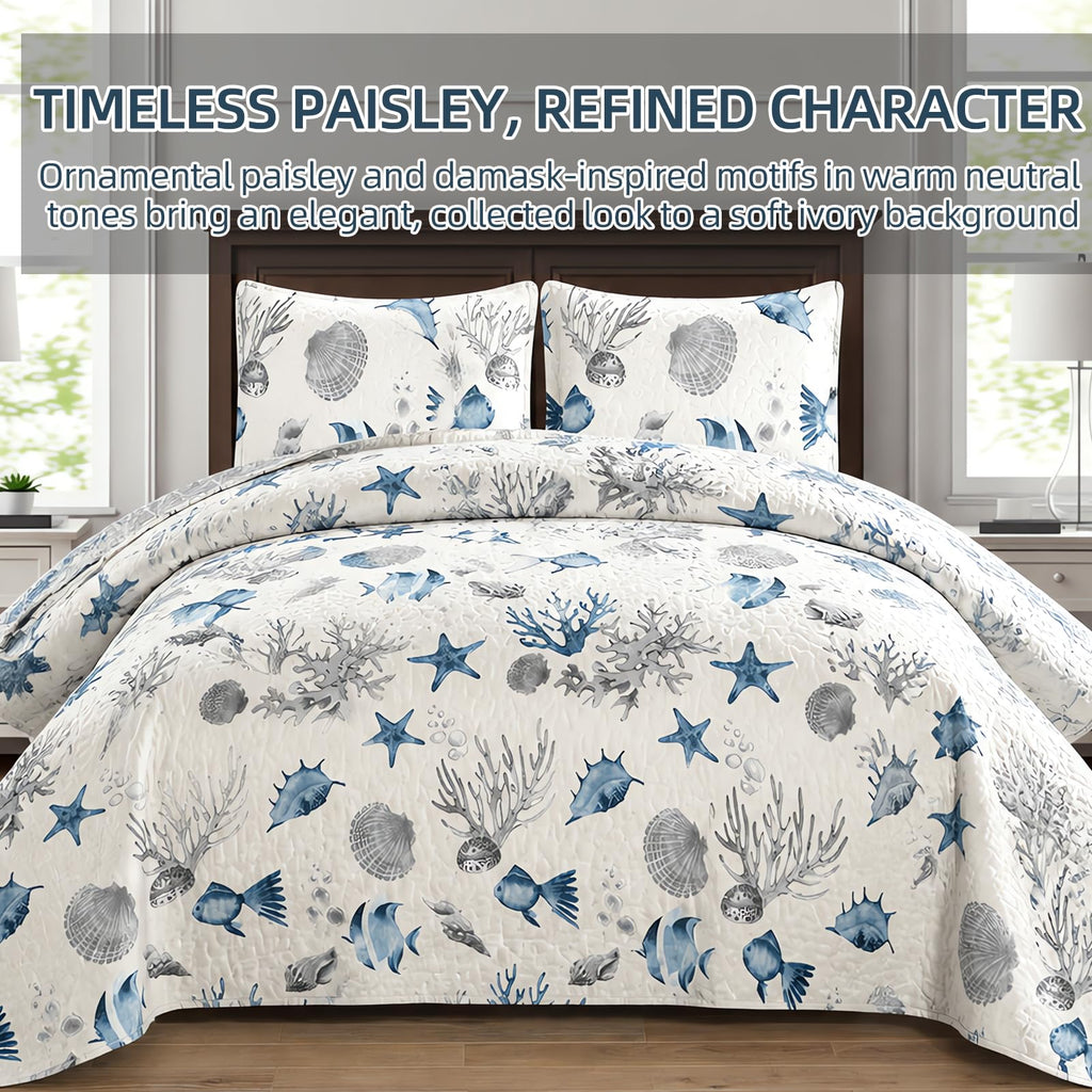 Coastal Blue Quilt Set, Coral Fish Starfish and Seashell Bedspread with 1 Pillow Sham, 68 x 88 Inches