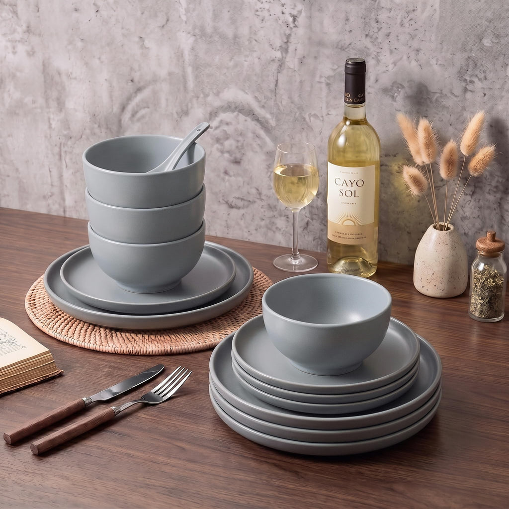 Stoneware Dinnerware Sets Service for 4, 12 pcs Plates and Bowls Set
