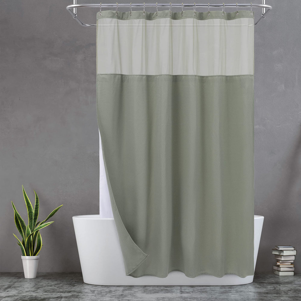 Extra Long Waffle Shower Curtain with Snap-in Liner Sage, 71x84