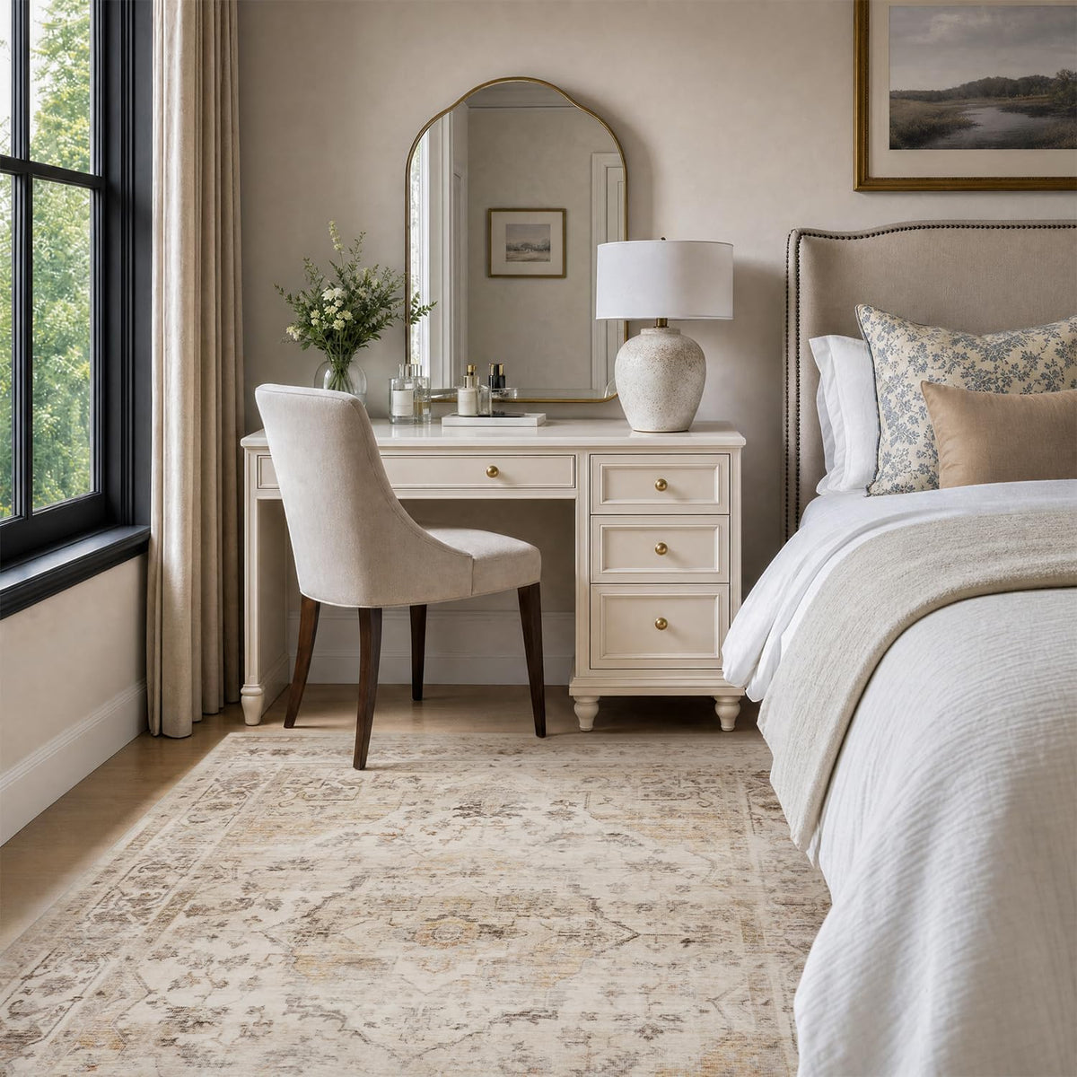Area Rug-Soft Washable Vintage Throw Accent Rugs, Laundry Room, Kitchen, Bathroom, Bedside, No Slip Beige