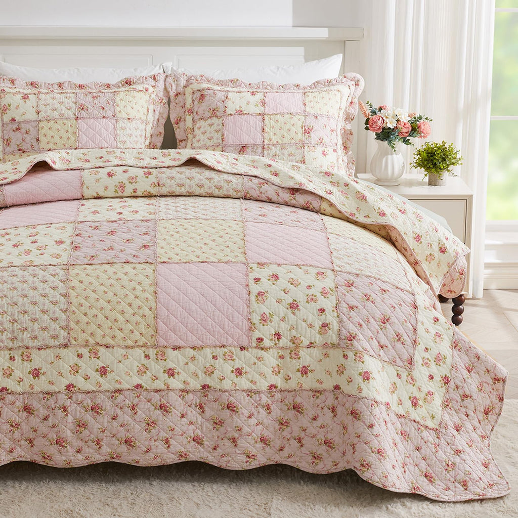100% Cotton Patchwork Quilt Set Queen, Real Sewn, 3-Piece Pink Floral Quilt Bedding Set Reversible Lightweight