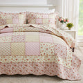 100% Cotton Patchwork Quilt Set Queen, Real Sewn, 3-Piece Pink Floral Quilt Bedding Set Reversible Lightweight