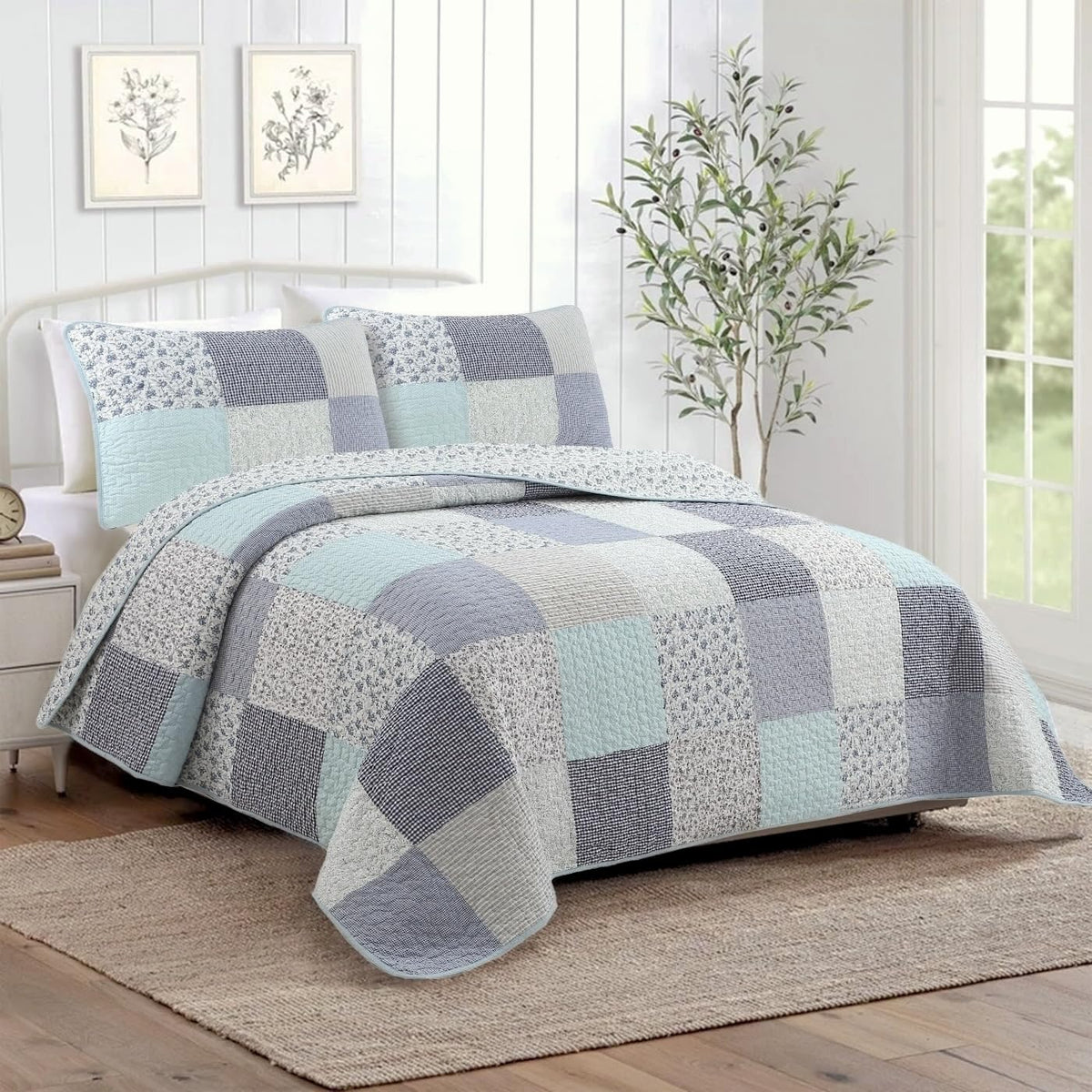 Blue Checker Cottage Quilt Bedding Set - 3‐Piece 100% Cotton Reversible Patchwork Quilt with Shams, Country Farmhouse