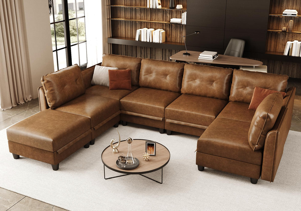 Brown Leather Modular Sofa Sectional Couch with Storage