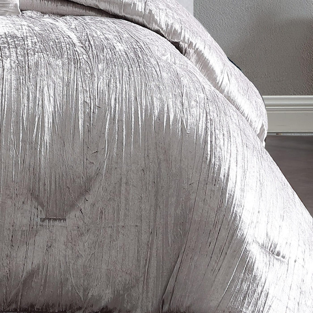 Turin Crinkle Velvet Comforter Bedding Set, King Size, Glam Textured Décor, Silver, 7 Pieces
