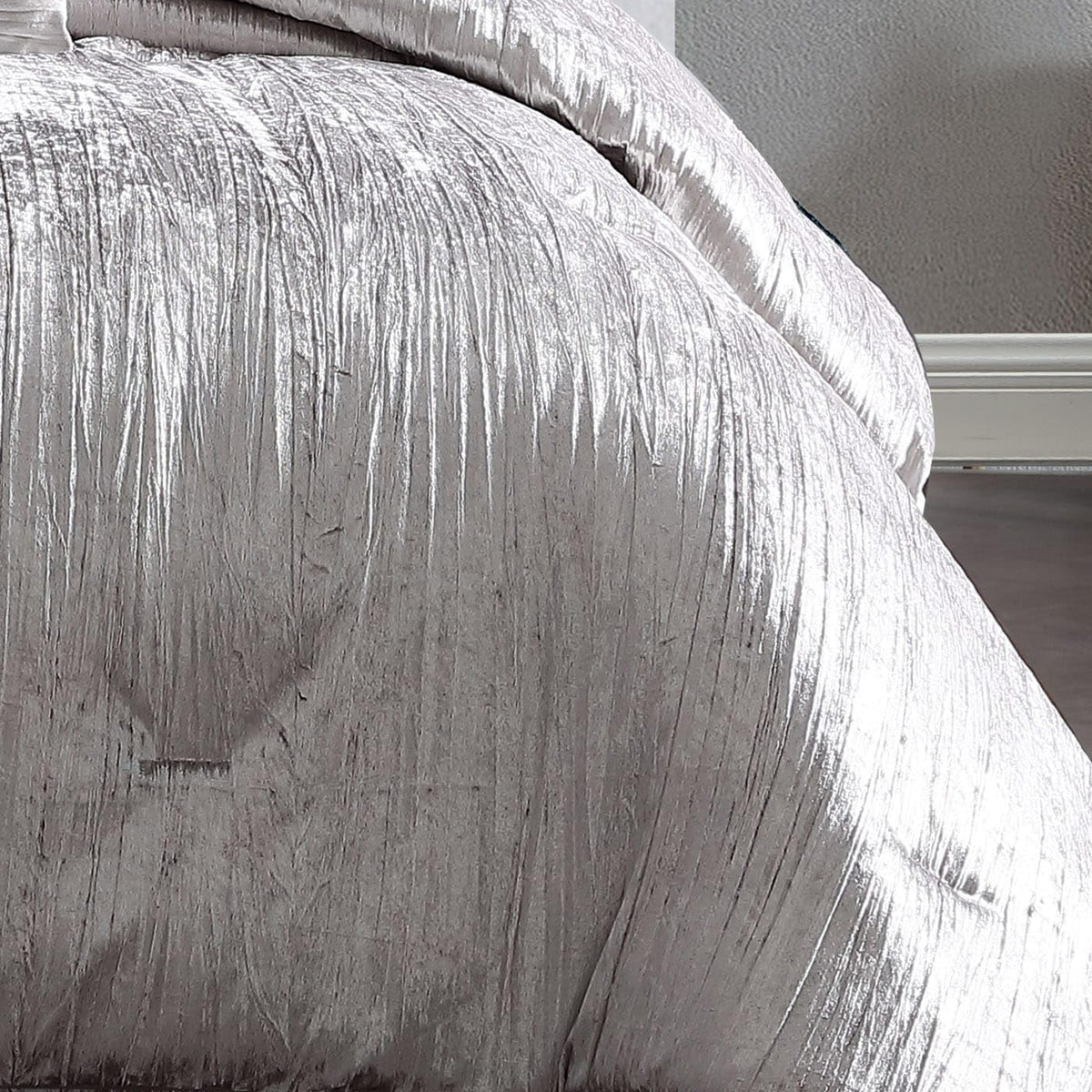 Turin Crinkle Velvet Comforter Bedding Set, Queen Size, Glam Textured Décor, Silver, 7 Pieces