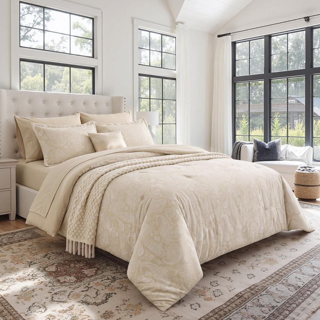 Luxury Jacquard Elegant Comforters, 8 Piece Champagne for All Season