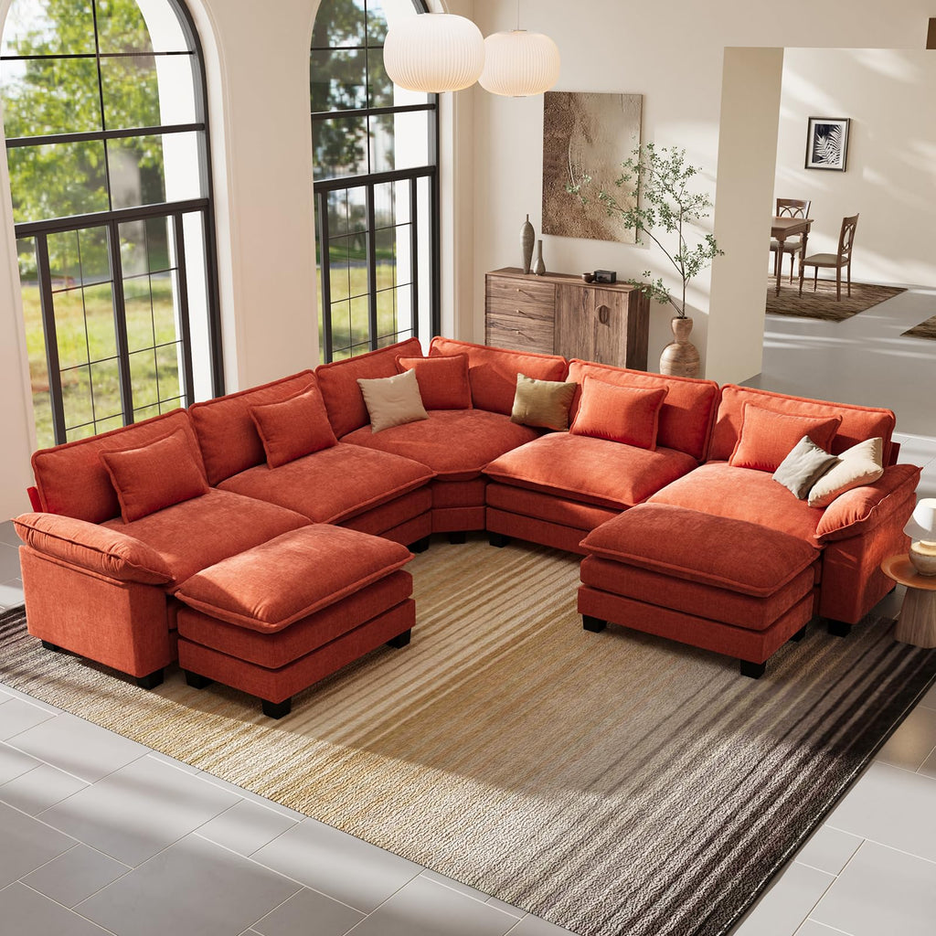 117" V Shaped Modern Modular Sectional Sofa, Cloud Couch with 2 Ottomans, 7-Seat Chenille Deep Seat Sofa with 5