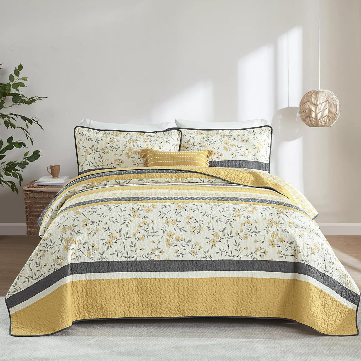 100% Cotton Quilt - Modern Stripe Botanical Soft Bedding Set