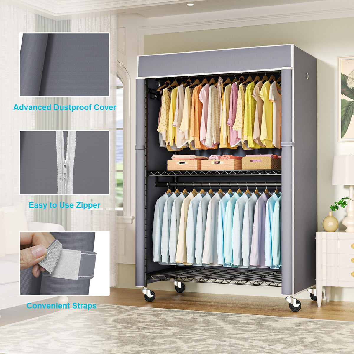 Black Clothing Rack with Grey Cover, P1C Plus Rolling Closets