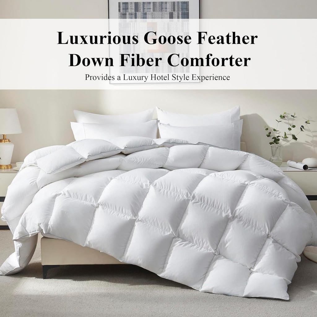 Goose Feather Down Fiber Comforter - All Season White Fluffy Duvet Insert