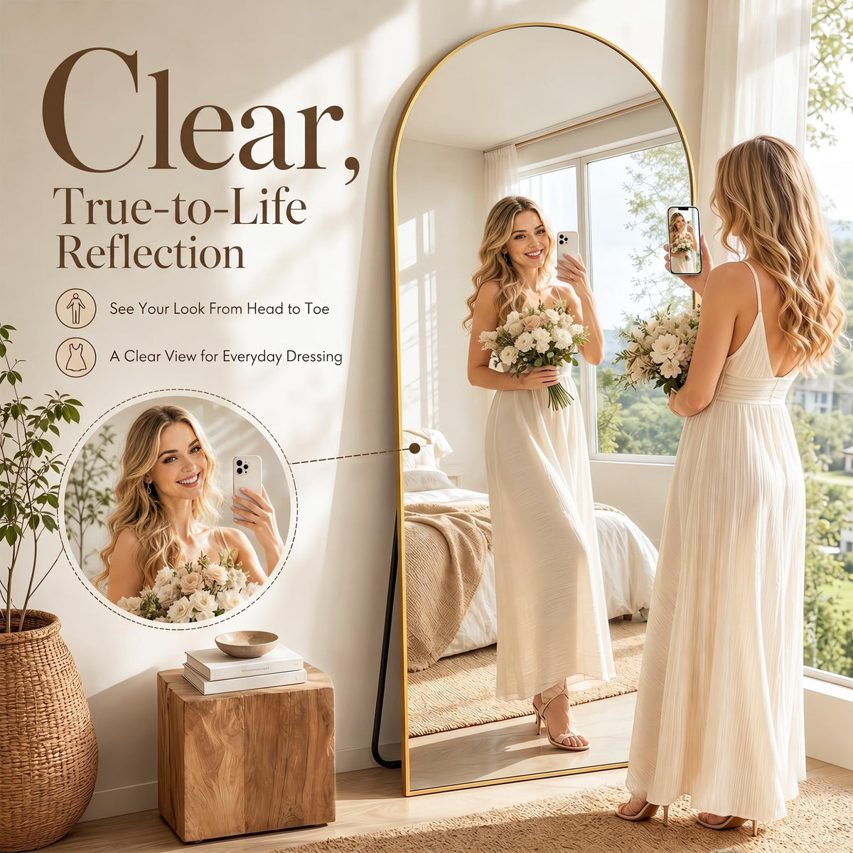 88"x44" Arched Full Length Mirror, Large Floor Mirror, Gold