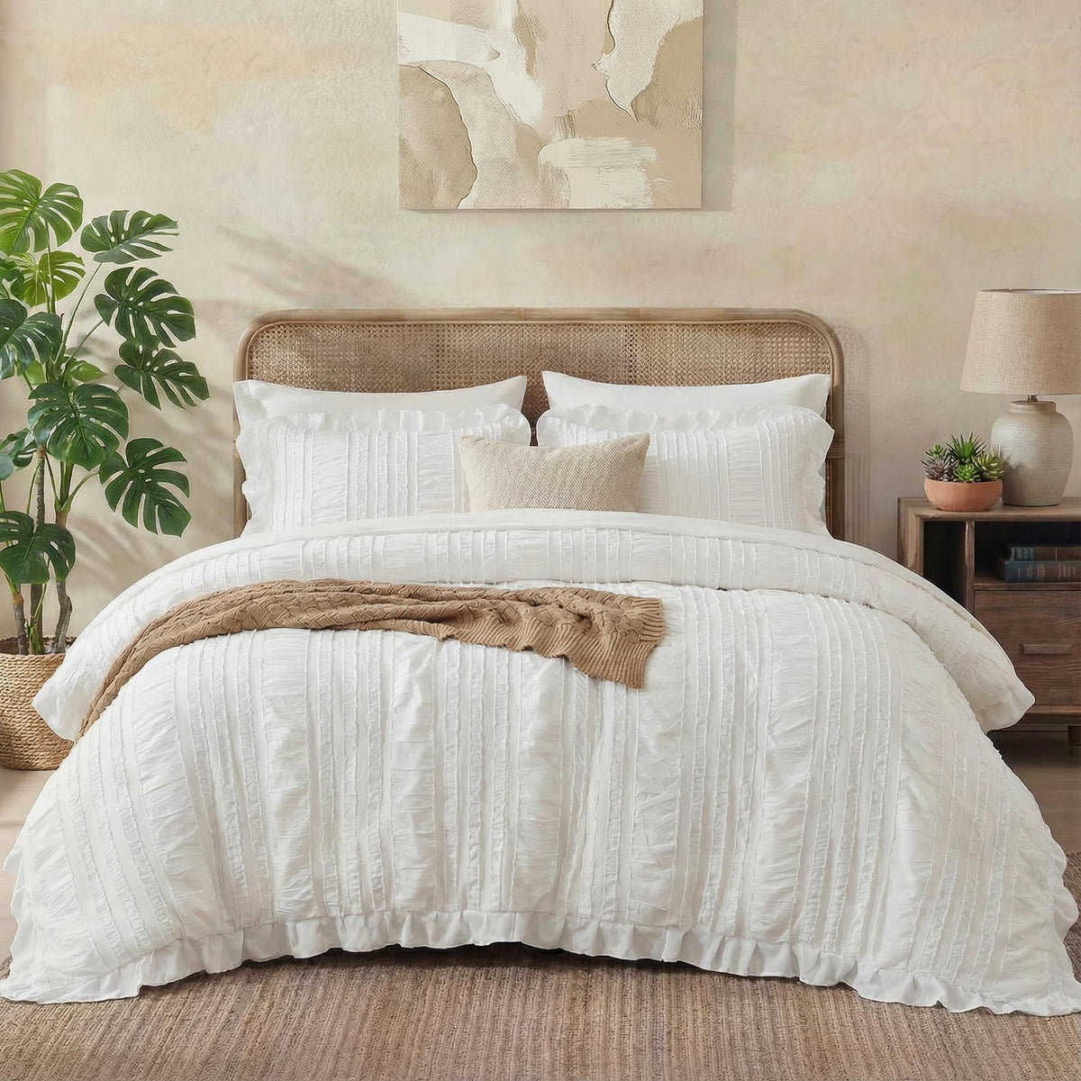 White Ruffle Comforter Set Boho Comforter Set 3 Pieces Ultra Soft Microfiber Seersucker Shabby Chic Bedding