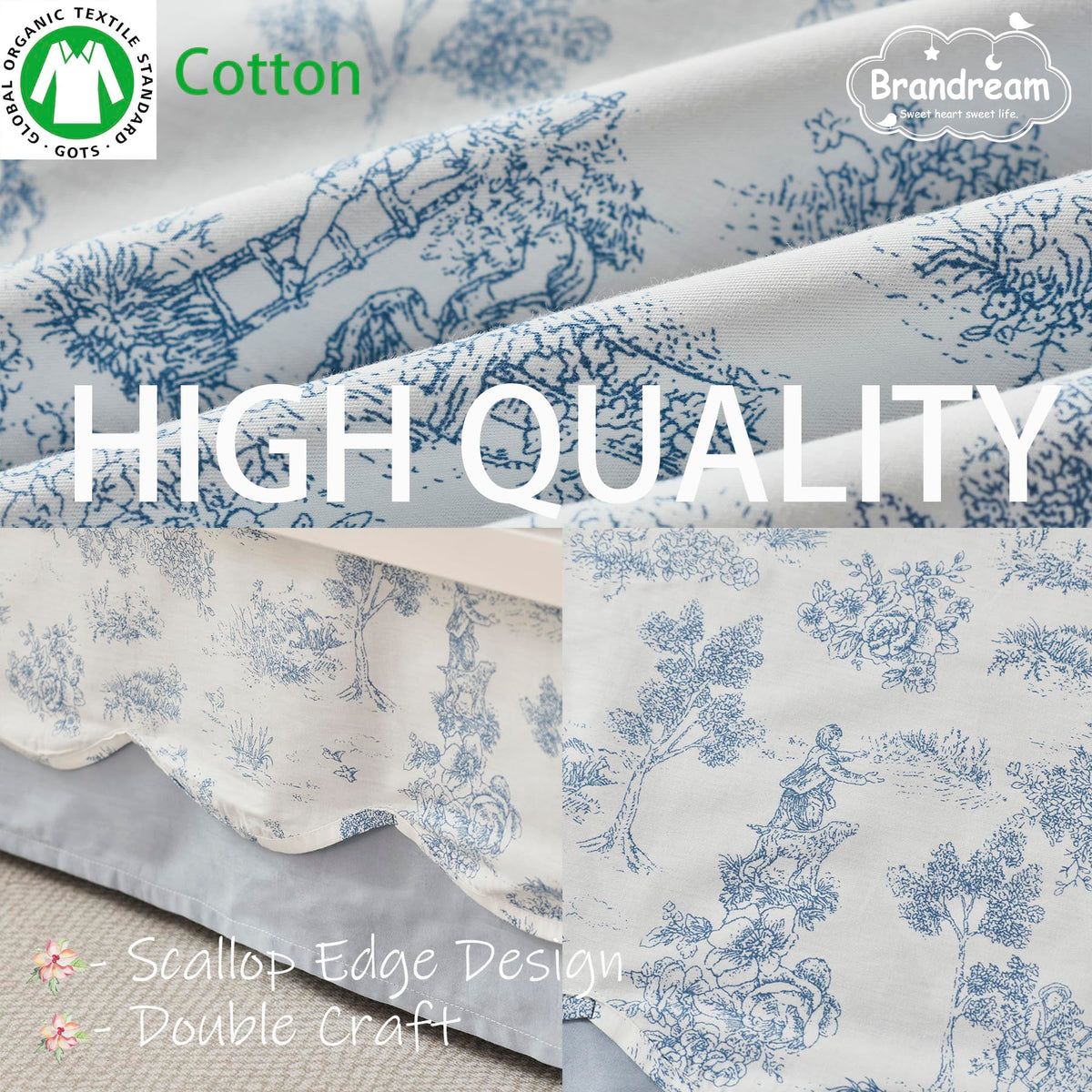 Scallop Edge Organic Cotton Crib Skirt, Baby Girl, Gender Neutral Crib Skirt Toddler Bedskirt French Country Toile