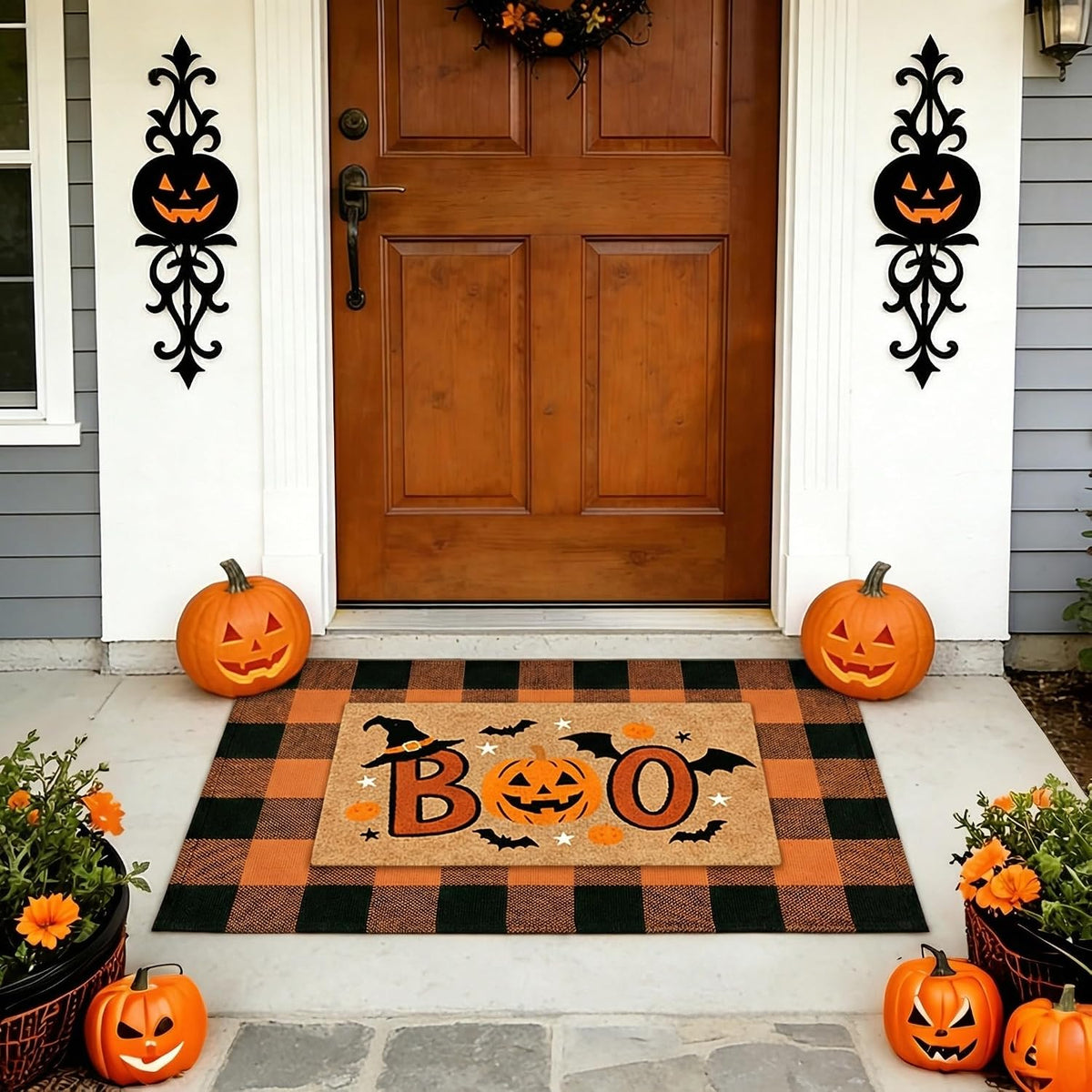 Halloween Layered Front Doormat Set, Boo! Natural Coco Coir Door Mat + 28"x43" Orange Black Buffalo Plaid Rug