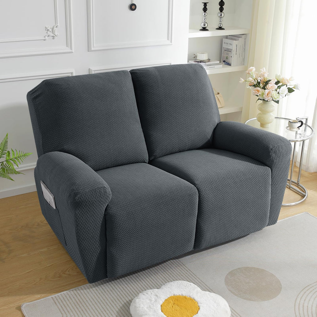Loveseat Recliner Covers 6-Piece Stretch Jacquard Recliner Sofa Slipcover 2 Seater Washable Reclining Couch Cover