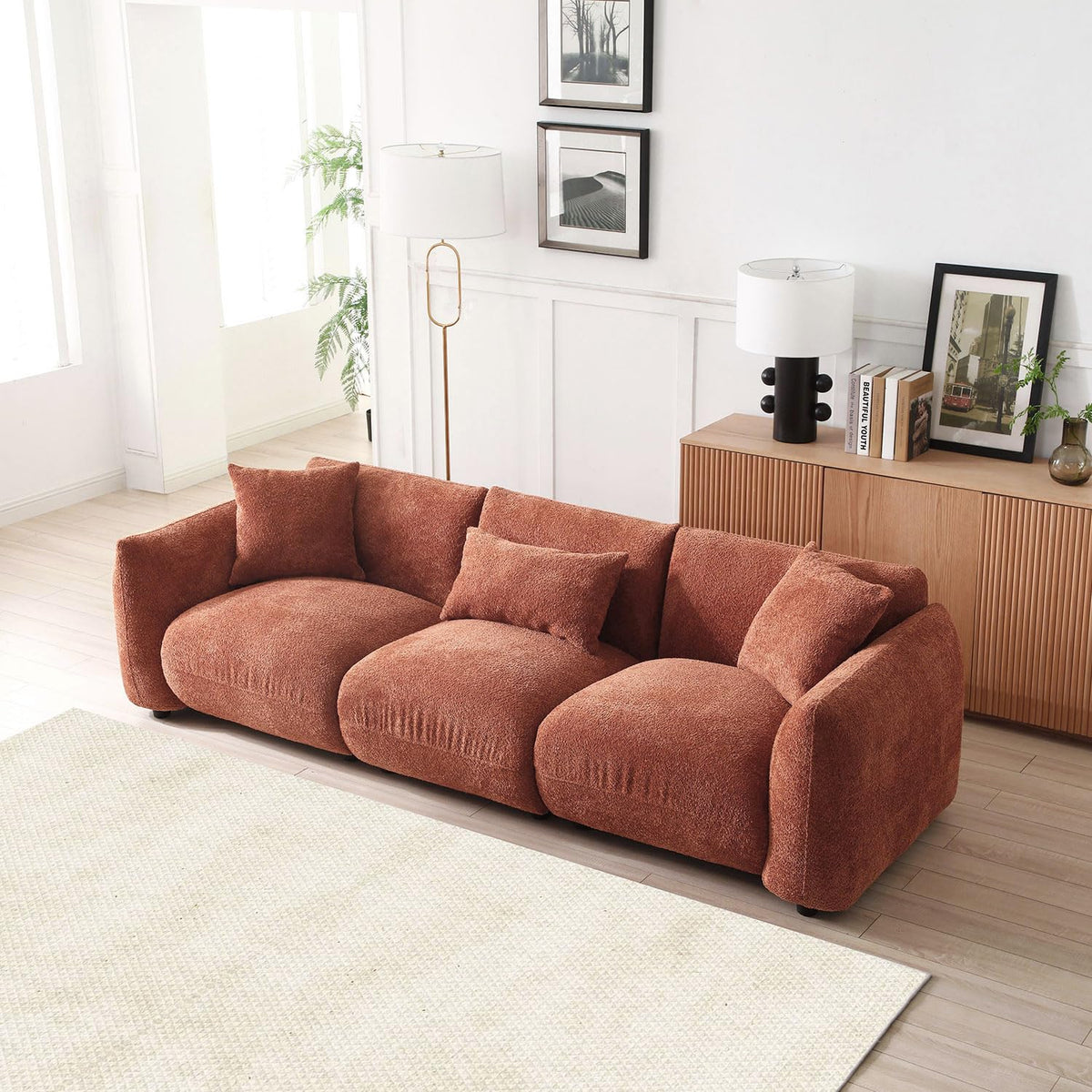 102.36" Modular Sectional Sofa, Modern Back Upholstered Comfy Sofa Couch with 3 Throw Pillows, Teddy Boucle Sofa