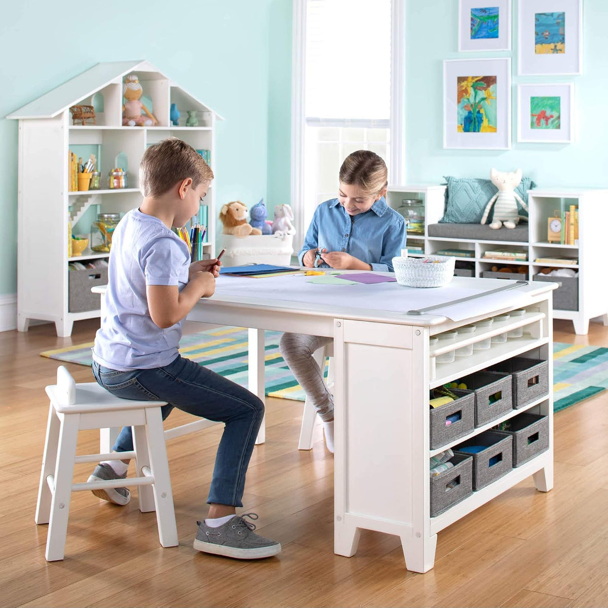 Kids' Art Table and Chair Set - Linen White: Wooden Kids Play Table for Arts and Crafts | Coloring Desk with Paint