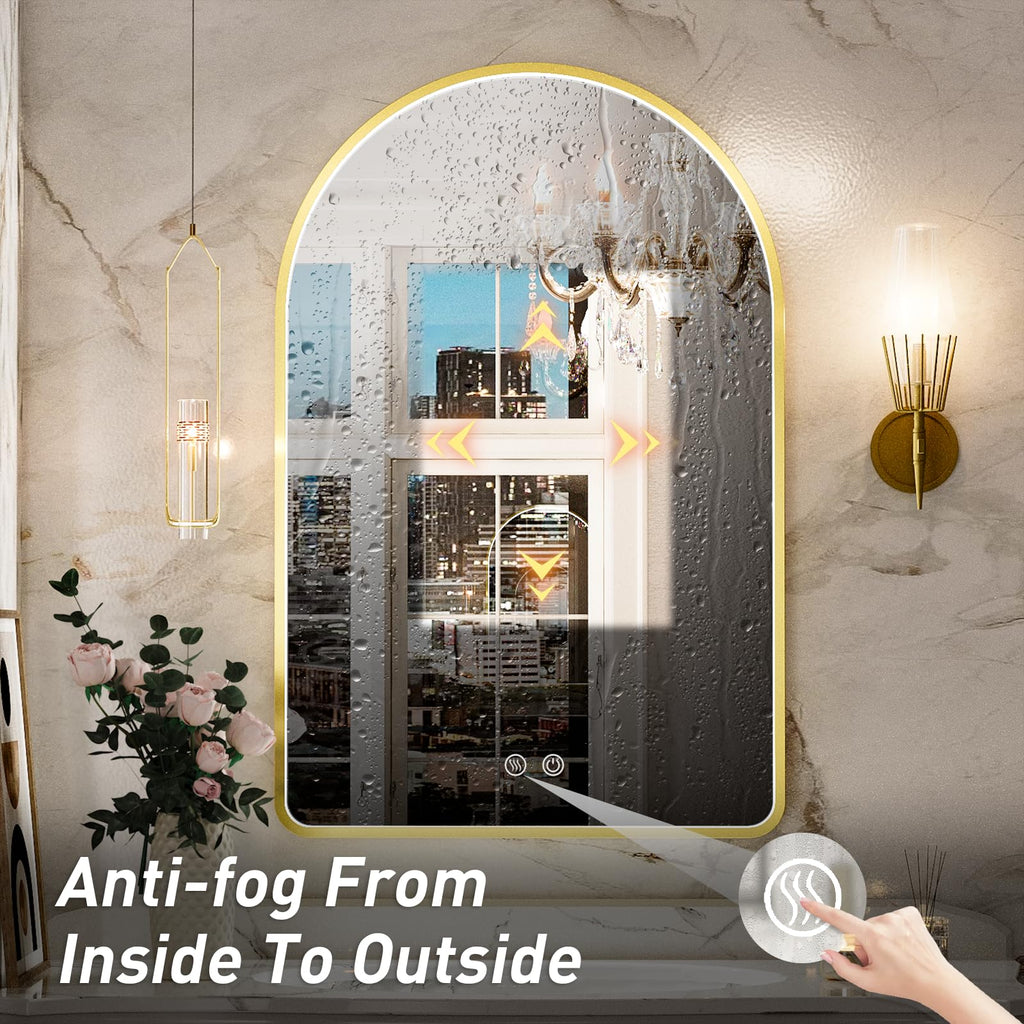 20x30 Inch Gold Framed Arched LED Mirror,3 Color