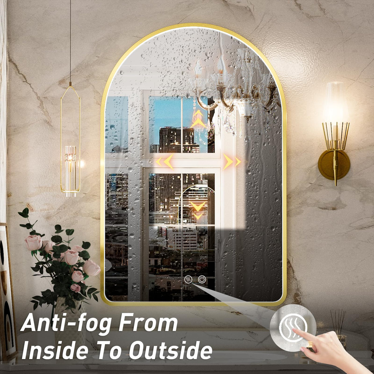 20x30 Inch Gold Framed Arched LED Mirror,3 Color