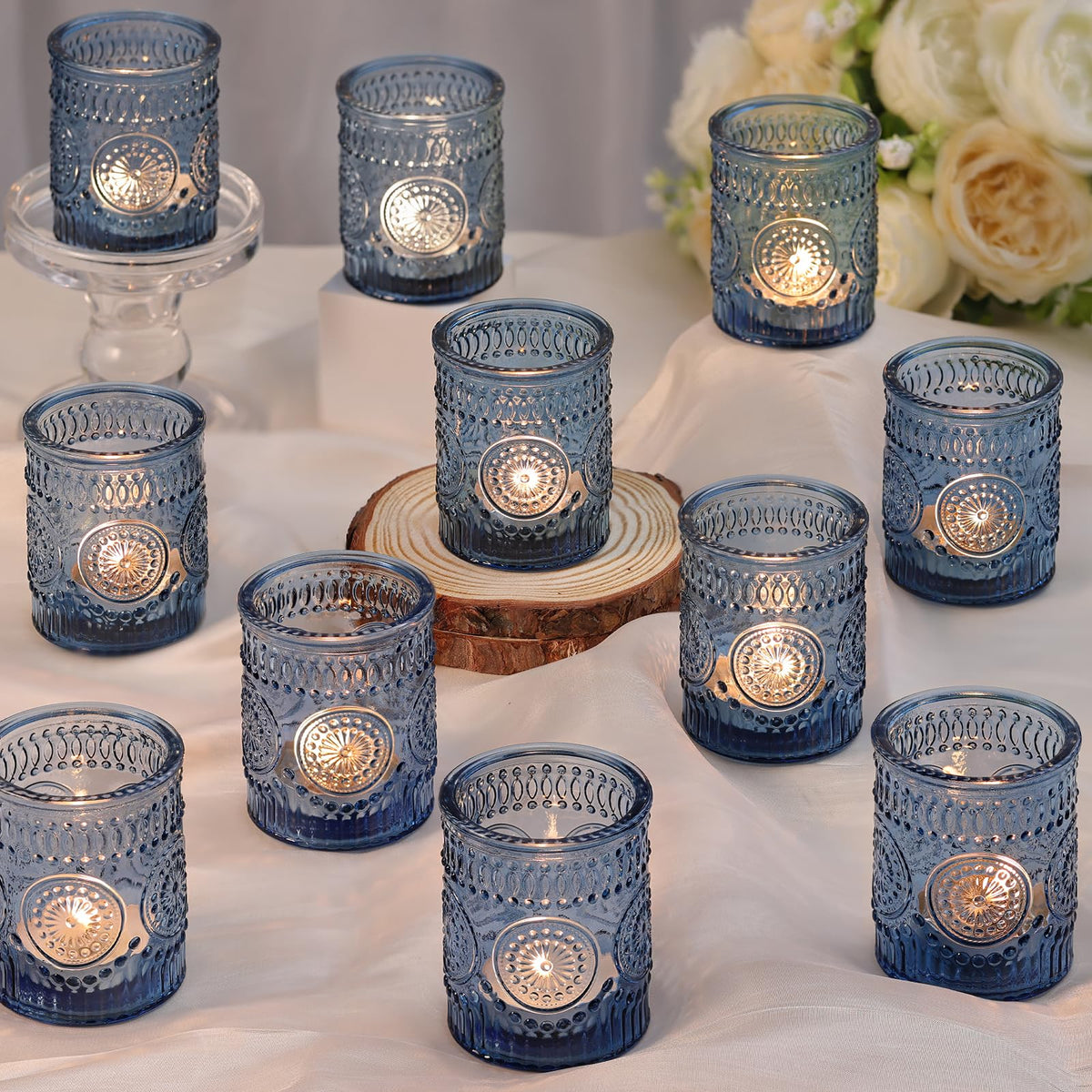 Blue Votive Candle Holders Set of 36 - Votive Candle Holders Bulk, Glass Candle Holder for Party Decoration, Tea