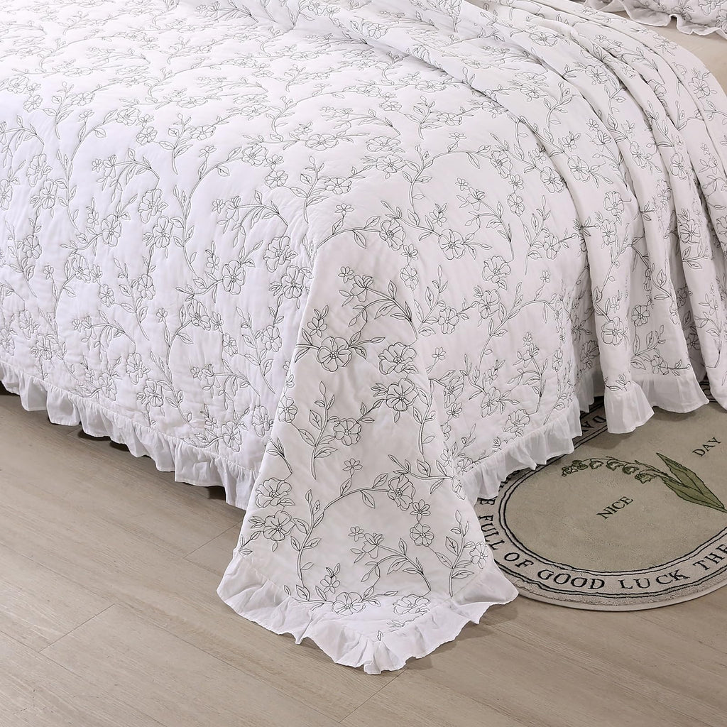 Romantic Ruffled Floral Embroidered Quilt Set White 100% Cotton Bedspread with 2 Ruffle Pillow Shams