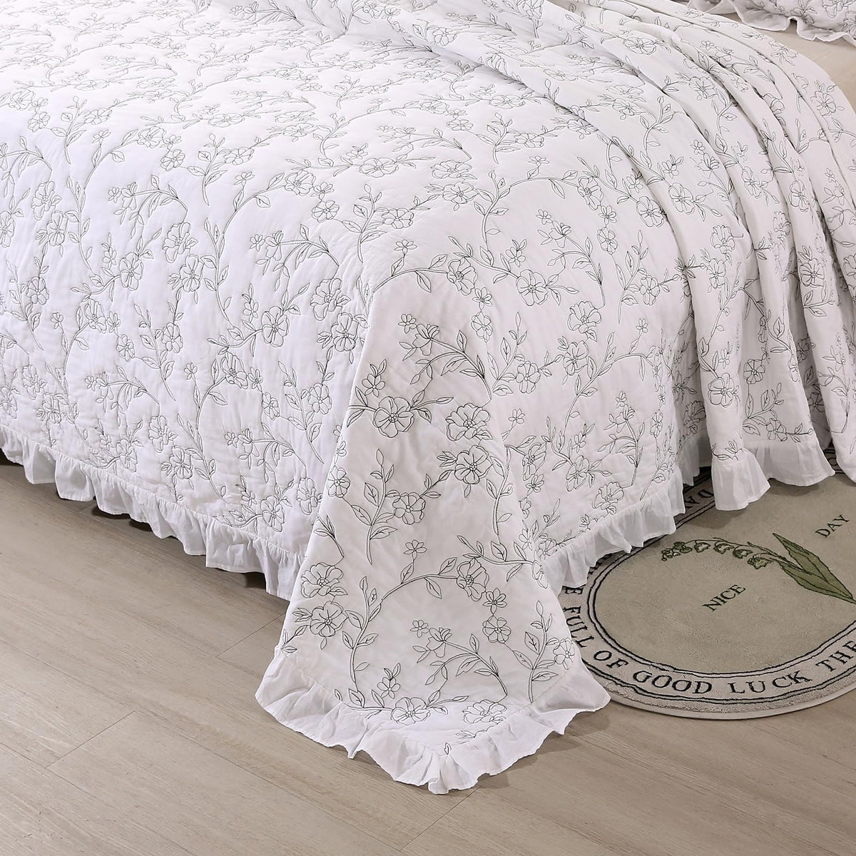 Romantic Ruffled Floral Embroidered Quilt Set White 100% Cotton Bedspread with 2 Ruffle Pillow Shams