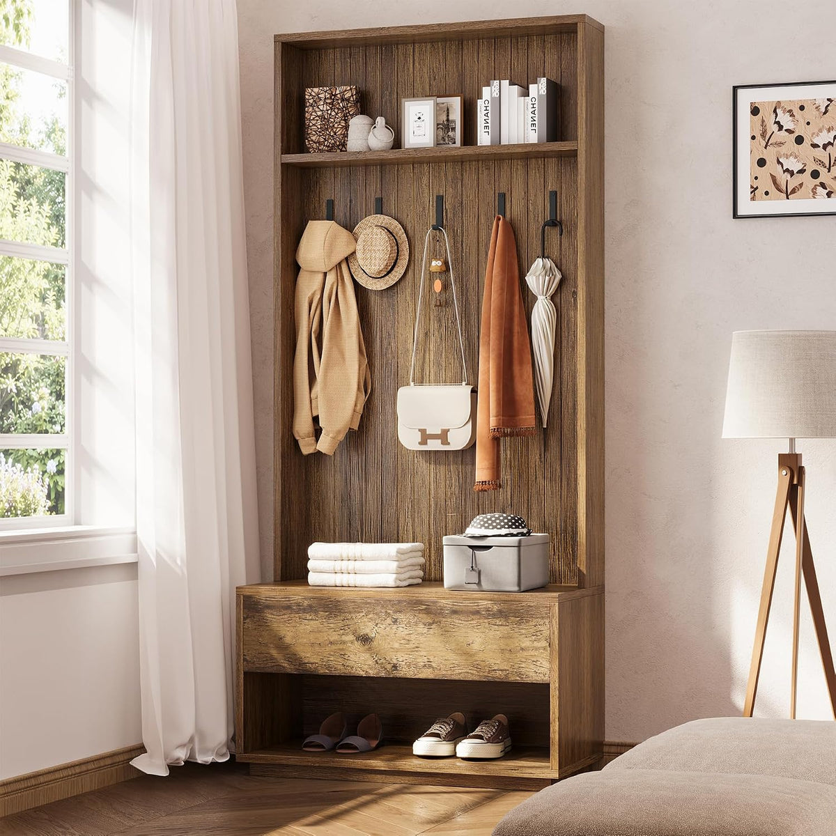 Hall Tree with Bench and Shoe Storage, Entryway Coat Rack with Shoe Bench and Drawer, 5 Hooks, Freestanding Hall Tree