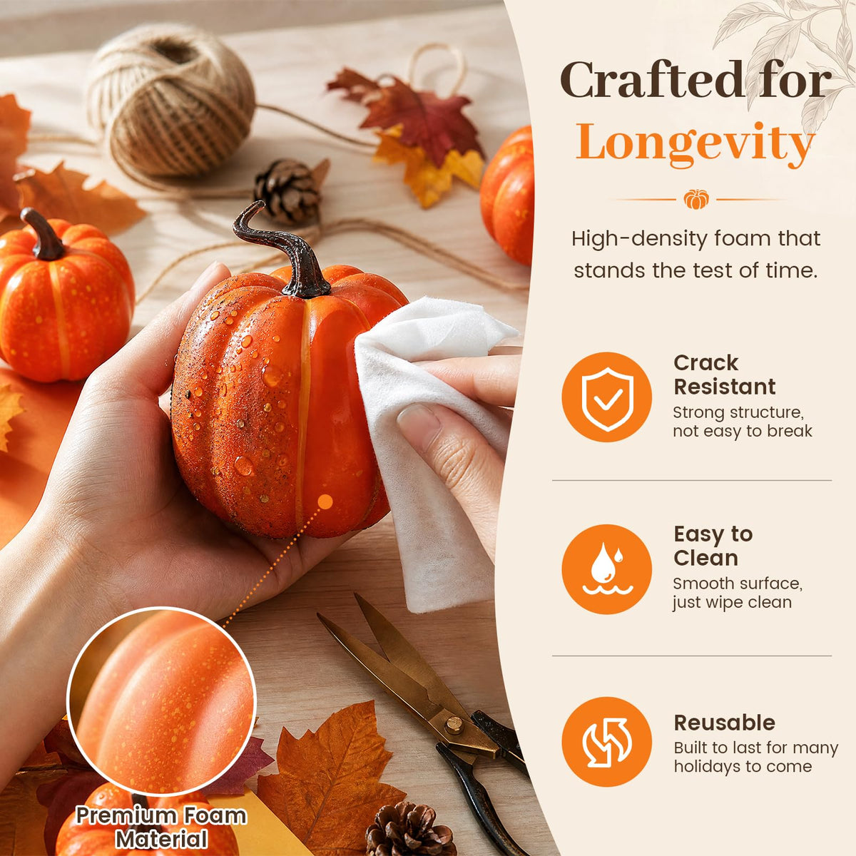 14 PCS Pumpkin Decor, Artificial Foam Fake Orange Pumpkins