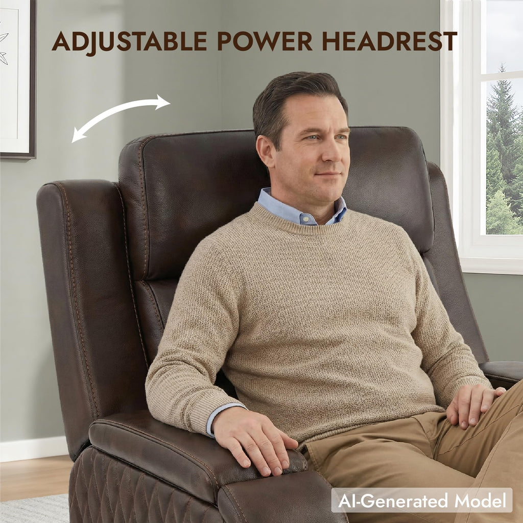 Genuine Leather Power Recliner Chair with Heating& Cooling
