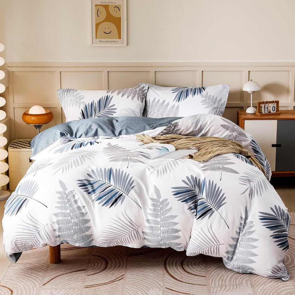Duvet Cover Set,100% Cotton Comforter Cover with Leaf Pattern Duvet Cover Set,Soft Bedding Set Includes with 3 Piece, King Size