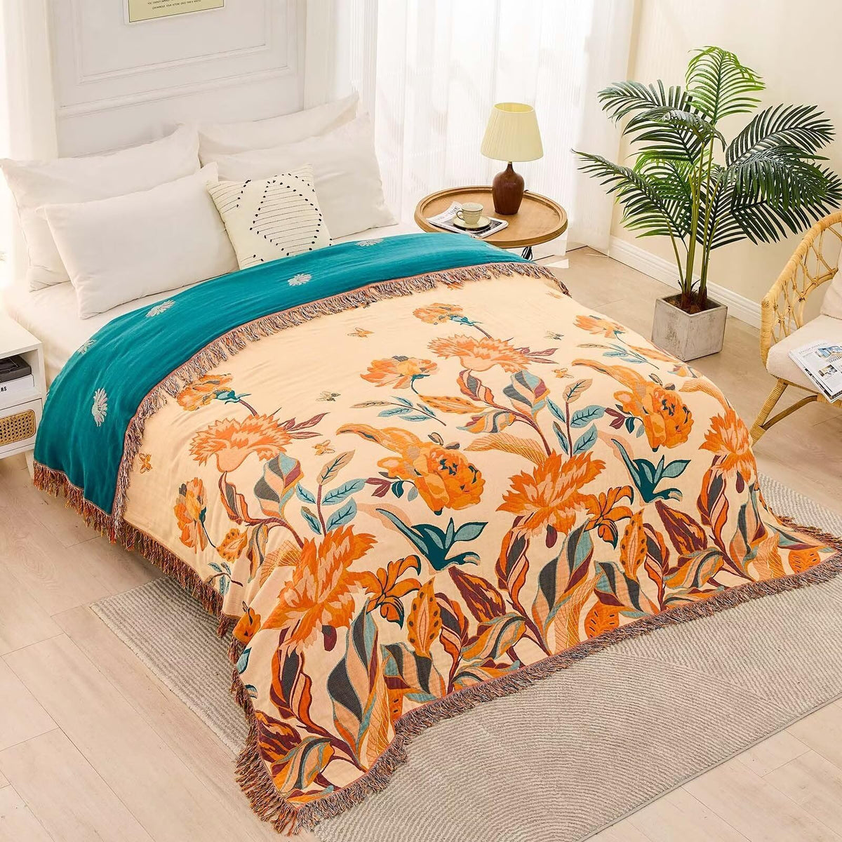 Boho Throw Blanket for Bed, 100% Cotton Soft Rustic Quilt Fall Blanket, 90"x98" Floral Printed Farmhouse Decor Bed