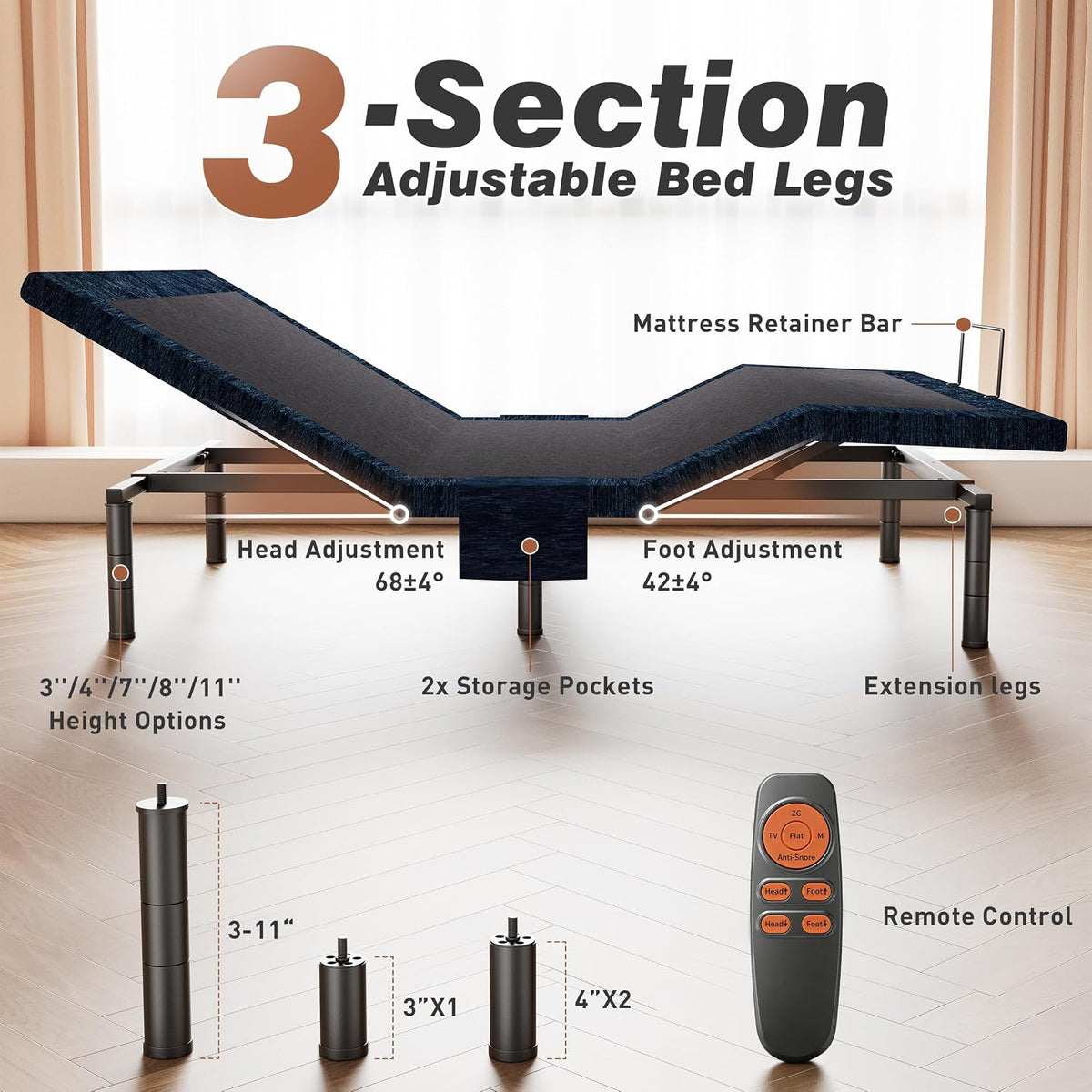 Queen Adjustable Bed Base Quiet Motor Wireless Remote