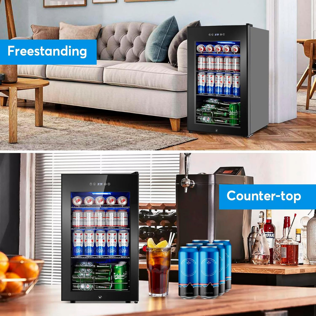 Beverage Refrigerator 17 inch Wide - 126 Can Beverage Cooler with Glass Door | Counter