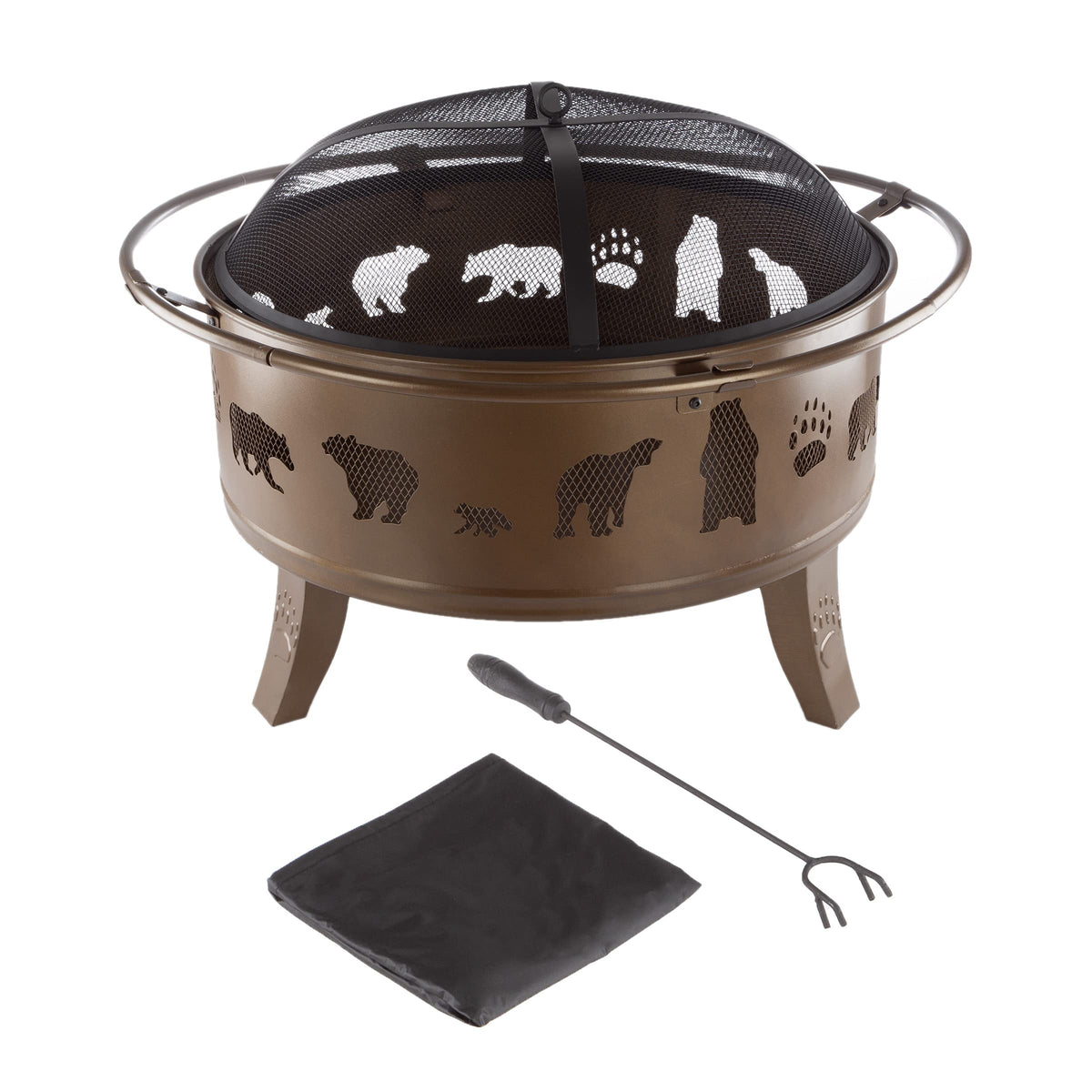 32" Outdoor Deep Fire Pit-Round Large Steel Bowl with Bear Cutouts, Mesh Spark Screen, Log Poker & Storage