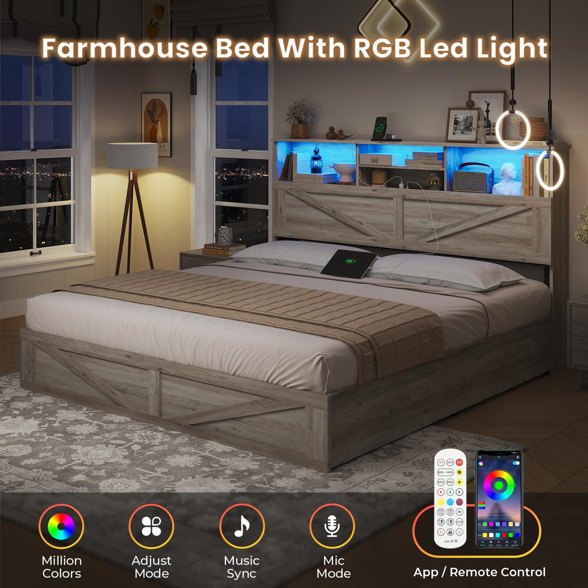 Farmhouse Bed Frame with 4 Storage Drawers and Led Lights, Wooden Bed Frame with Hidden Space