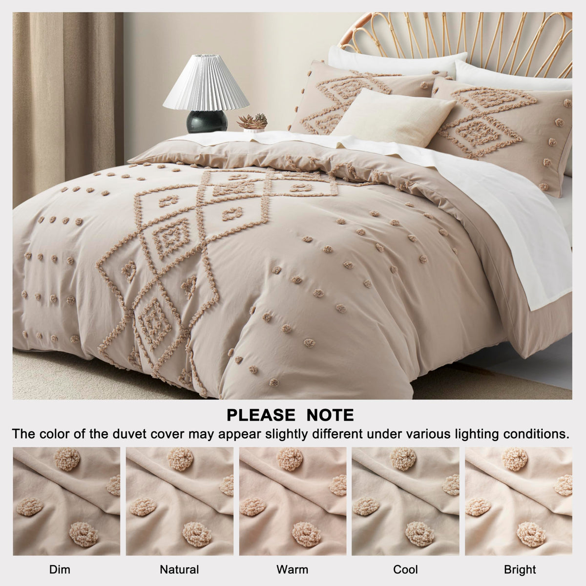 Tufted Boho Queen Duvet Cover Set, Khaki, 3 Pieces